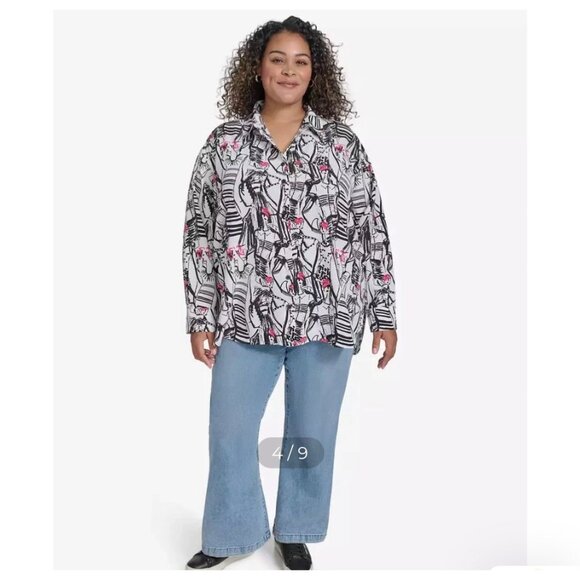 Women's Plus Size Karl Lagerfeld Paris Printed Collared Button-Front Shirt Size - Picture 7 of 8